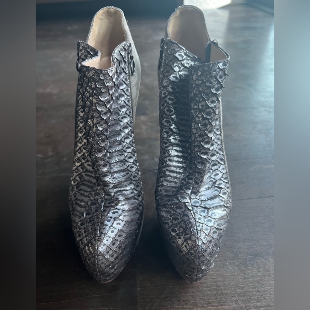 Louboutin Metallic grey python and suede zip platform bootie
